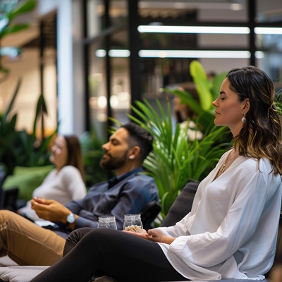 Profesionales trabajando de forma concentrada en un entorno laboral tranquilo que transmite cuidado y respeto por el contexto laboral.